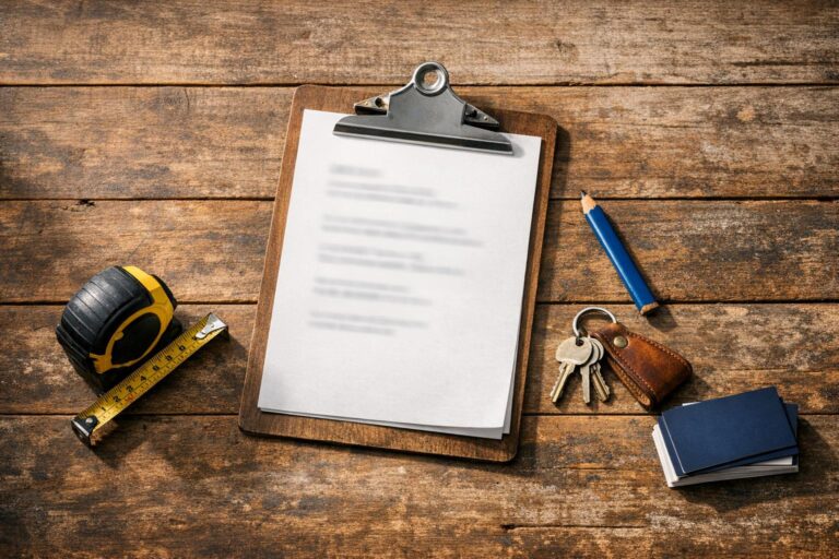 A clipboard, tape measure, keys and pencil arranged on a timber workbench.