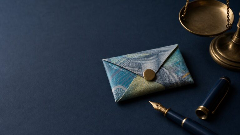 A folded blue envelope, coin and fountain pen arranged on dark blue cloth.